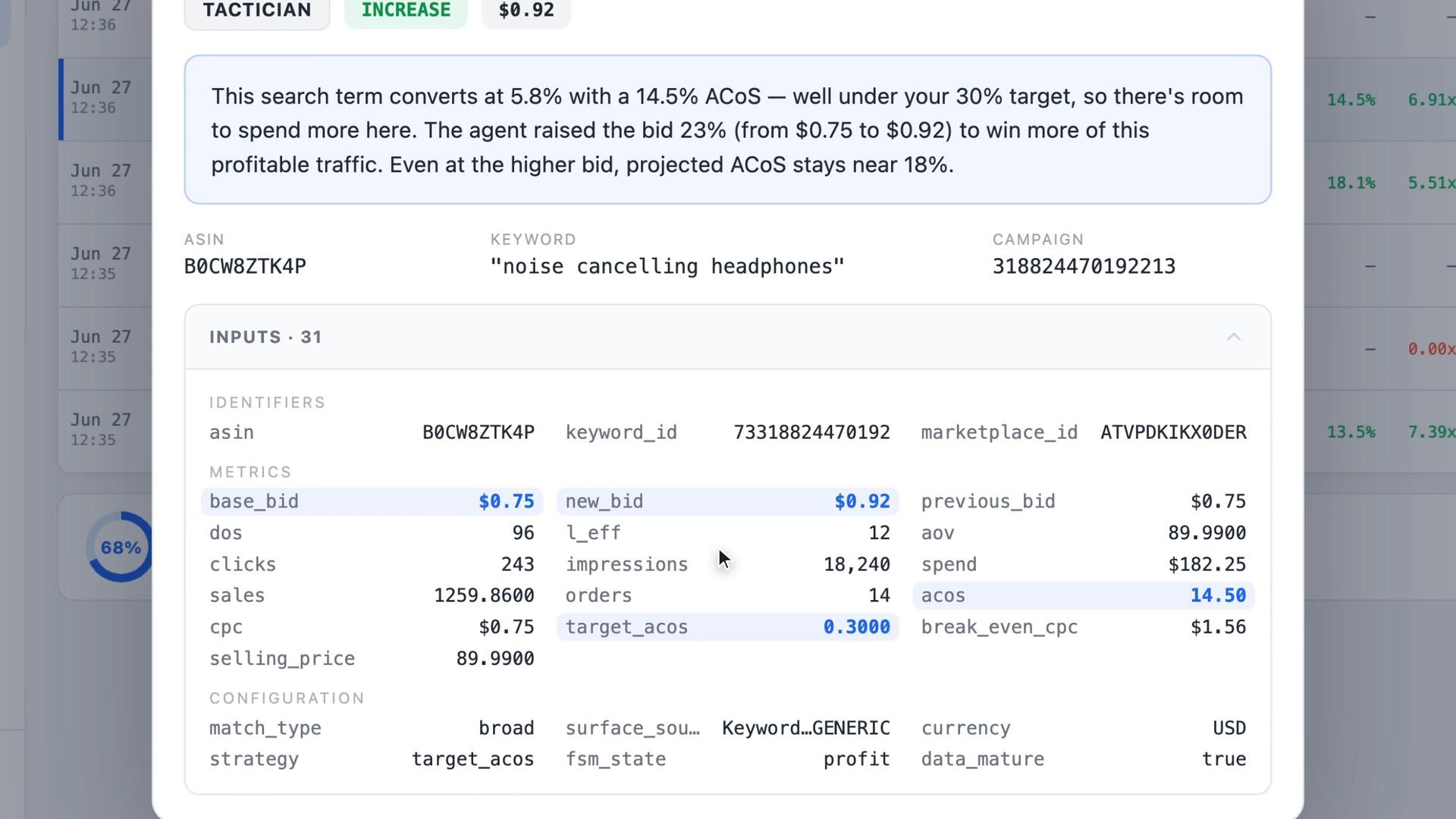 All 31 inputs behind one Mirox Amazon PPC bid decision