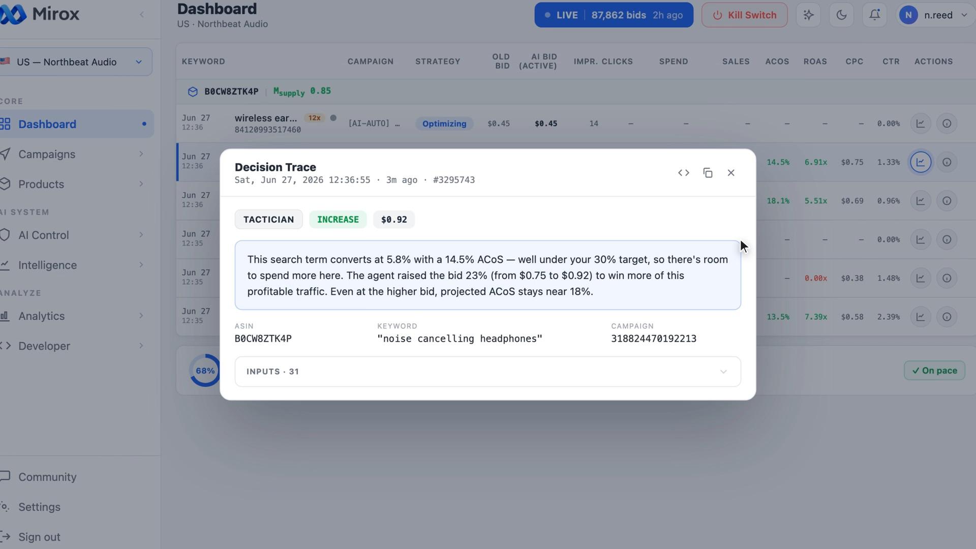 Mirox decision trace explaining an Amazon PPC bid change in plain language