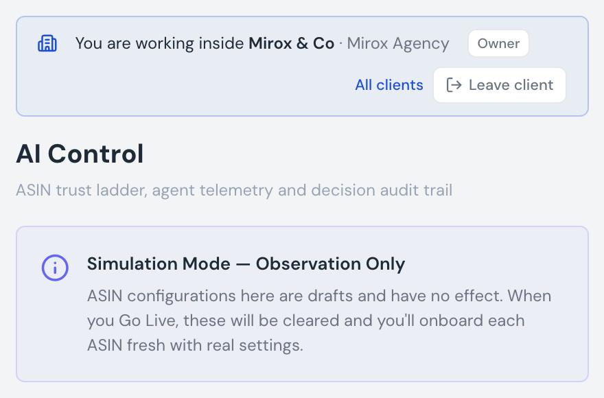 Working inside one client's Mirox workspace from the agency account