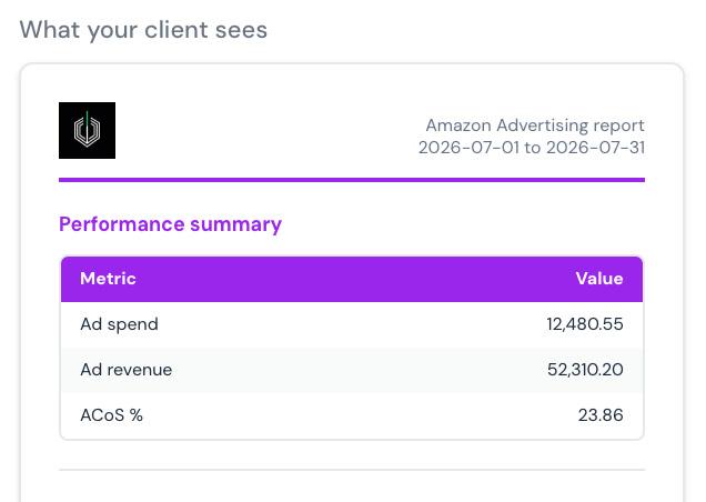 The client report preview in the agency's own colour, from the Mirox white-label settings